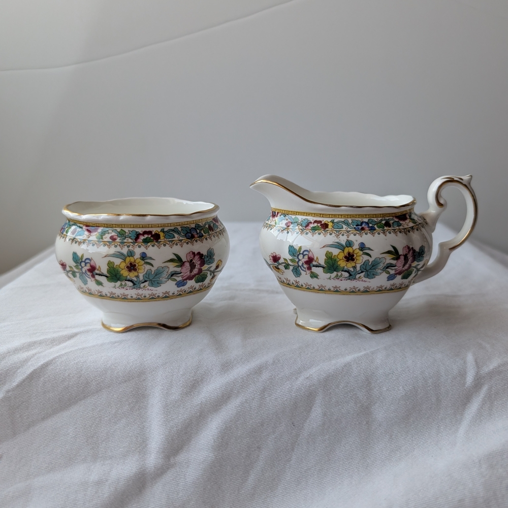 Coalport Ming Rose Bone China Floral Gold Creamer and Sugar Set Vintage